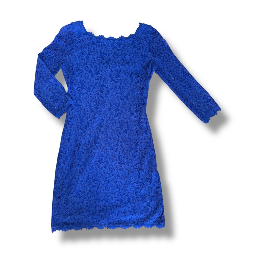 Diane Von Furstenberg Zarita Blue Lace 3/4 Sleeve Back Zip Sheath Size 4 - Picture 2 of 13
